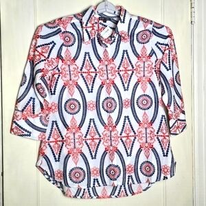 Boho Chic Heavy Embroidered Floral Eyelet Button-Down 3/4 Sleeve Blouse Small